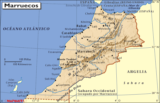 Mapa de Marruecos y la cordillera del Atlas