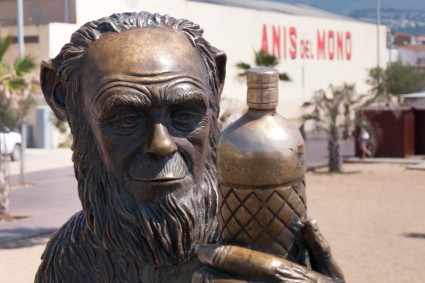 El "mono" con cara de Charles Darwin mirando la botella frente a la fábrica en Badalona.